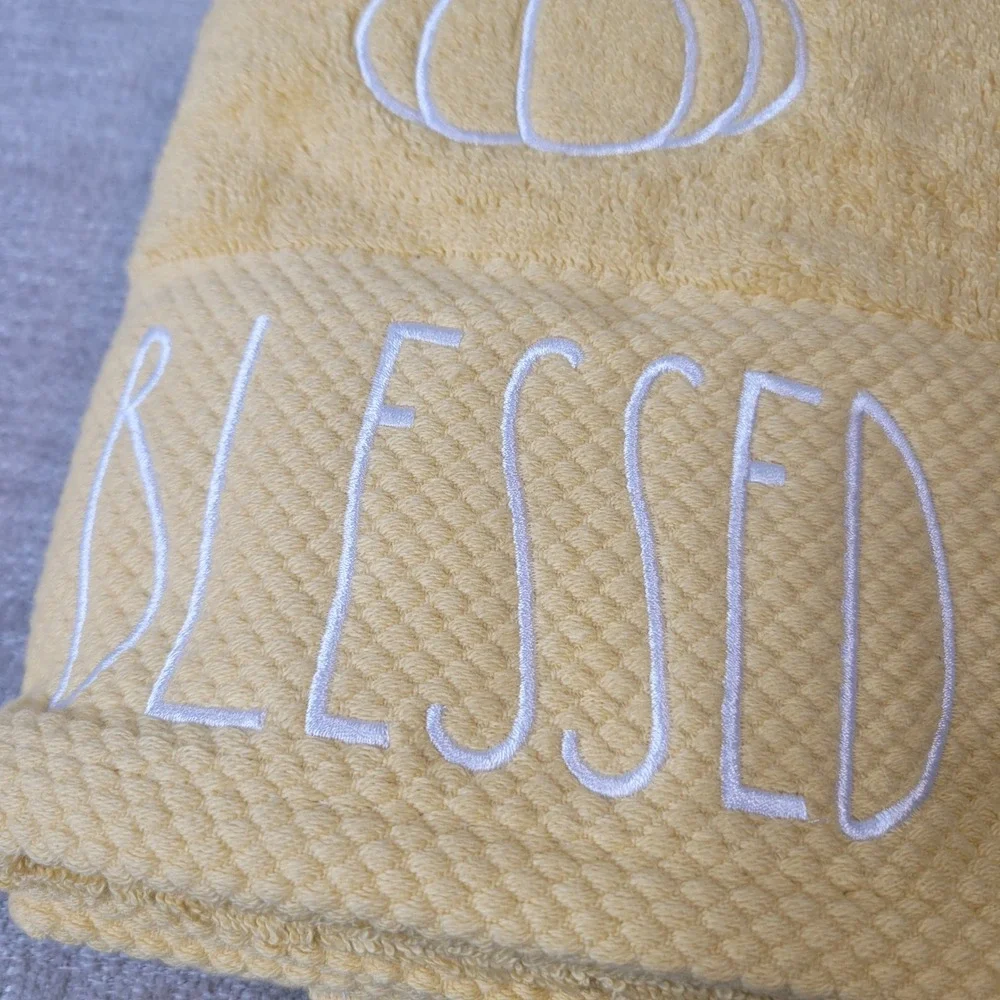 Rae Dunn Yellow Hand Towels Set of 2 Blessed Pumpkin Fall Farmhouse 16x30 NWT